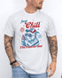 Model wearing ash color shirt with 'Just Chill The Fourth Out' graphic design